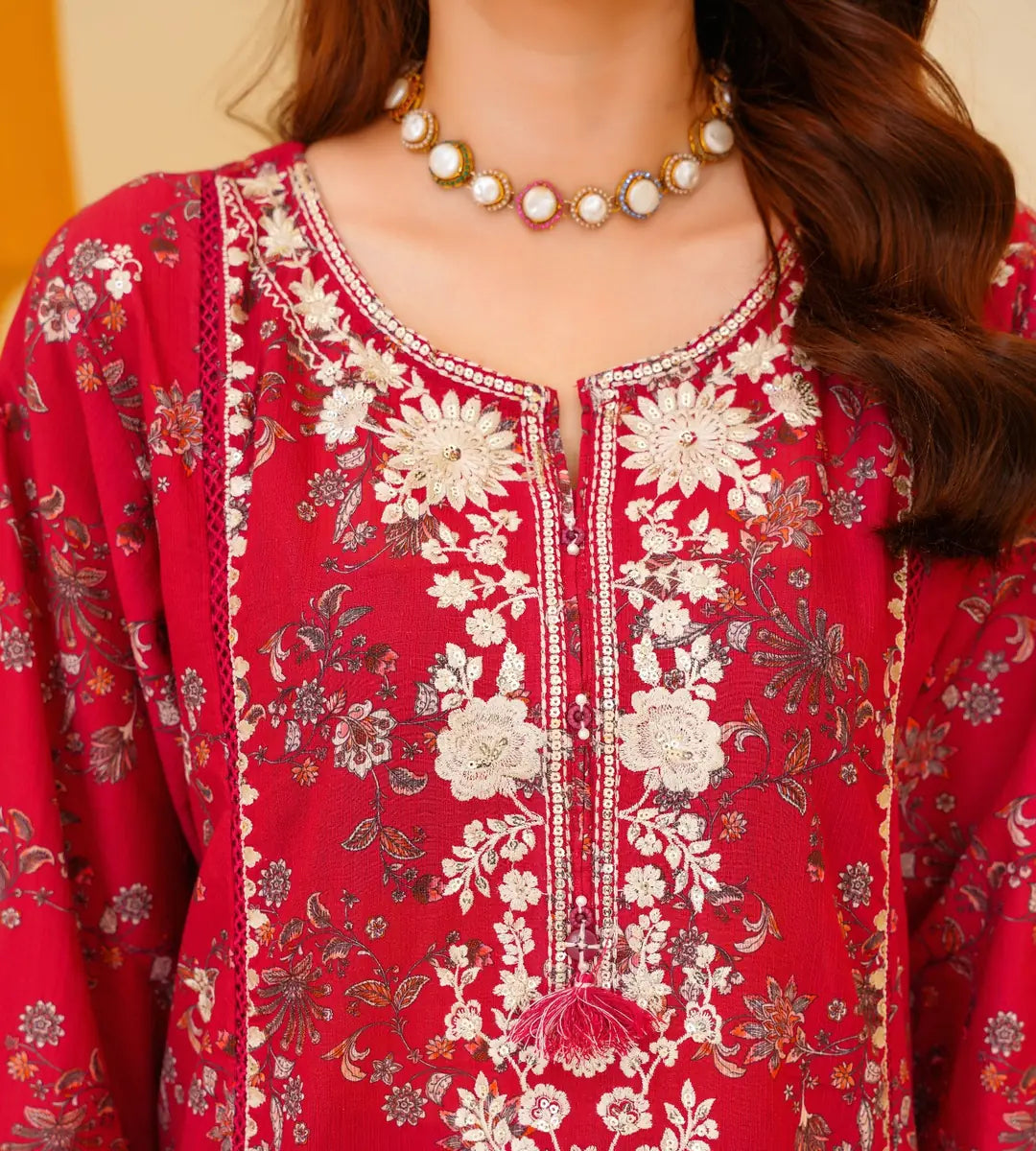 3 Piece Red Floral Embroidered Lawn Suit by Winara