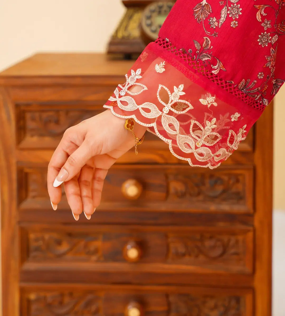 3 Piece Red Floral Embroidered Lawn Suit by Winara