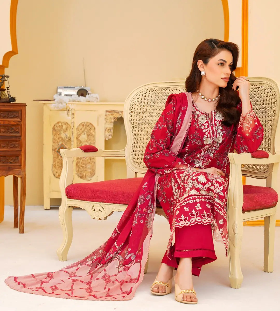 3 Piece Red Floral Embroidered Lawn Suit by Winara