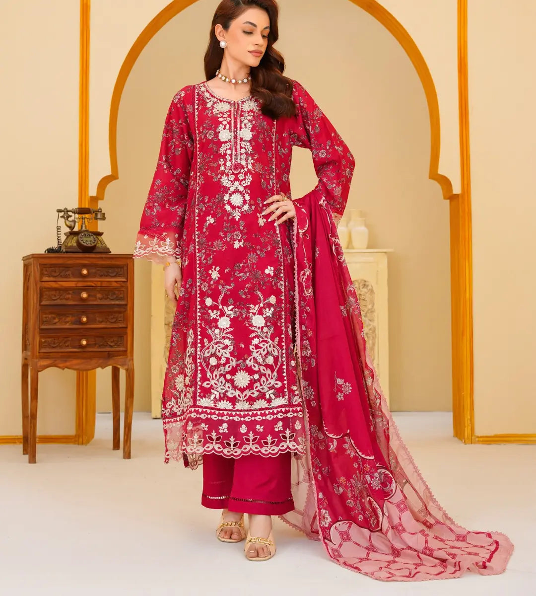 3 Piece Red Floral Embroidered Lawn Suit by Winara