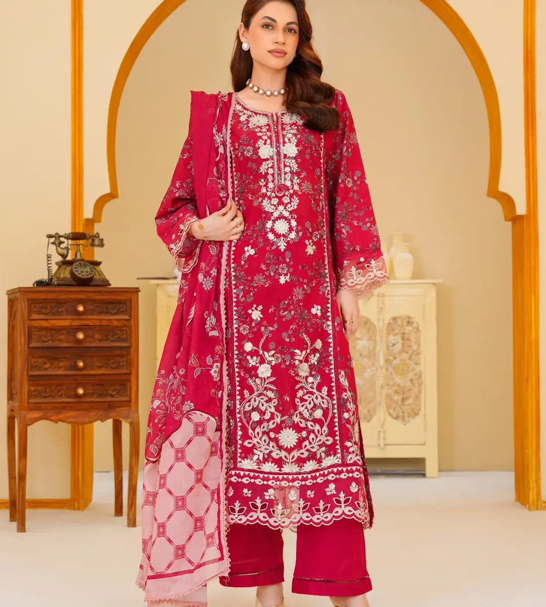 3 Piece Red Floral Embroidered Lawn Suit by Winara