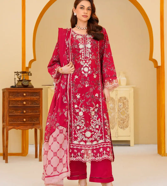 3 Piece Red Floral Embroidered Lawn Suit by Winara