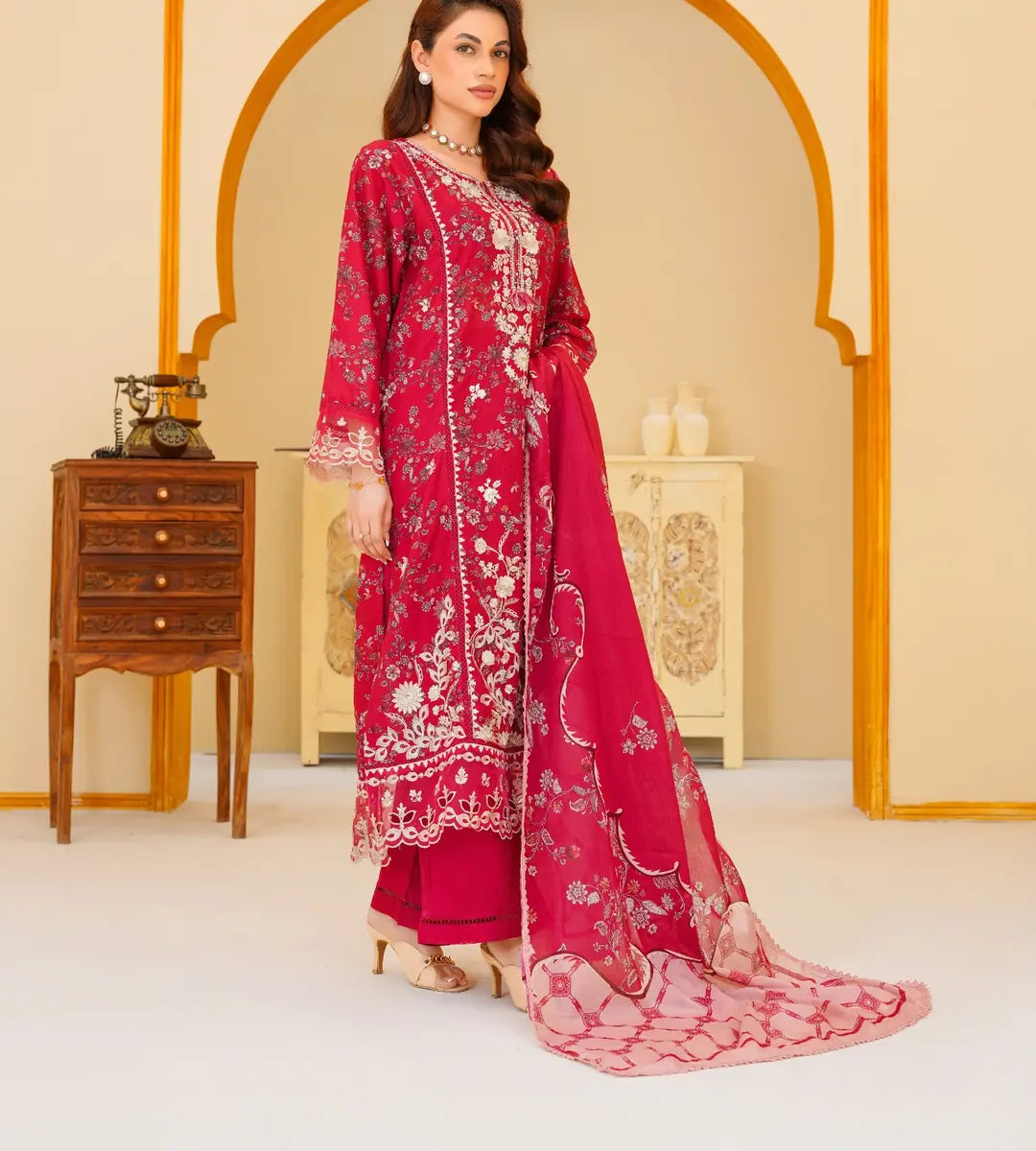 3 Piece Red Floral Embroidered Lawn Suit by Winara