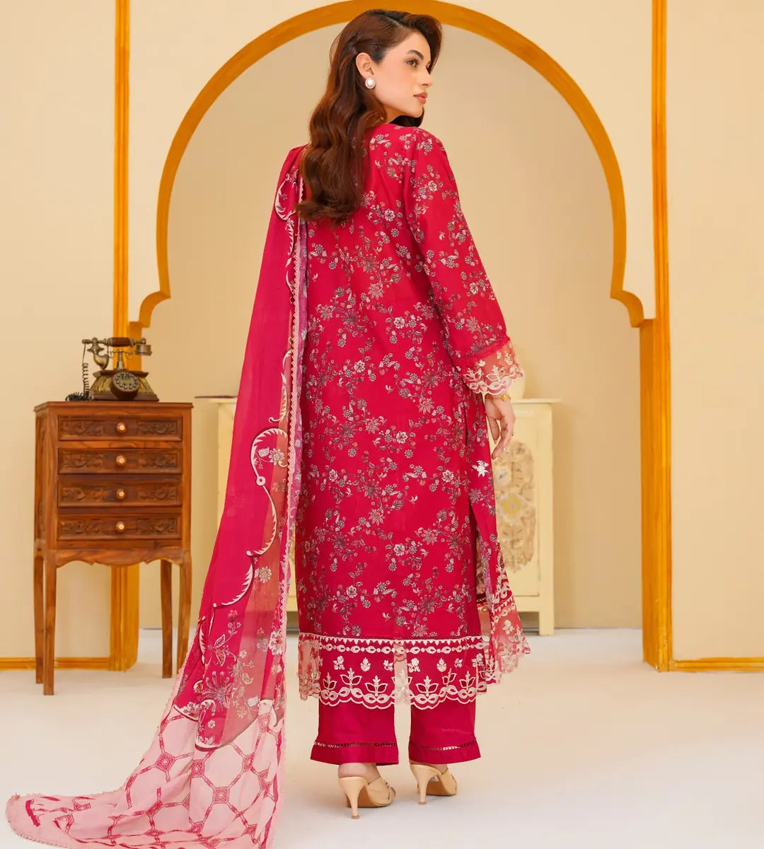 3 Piece Red Floral Embroidered Lawn Suit by Winara