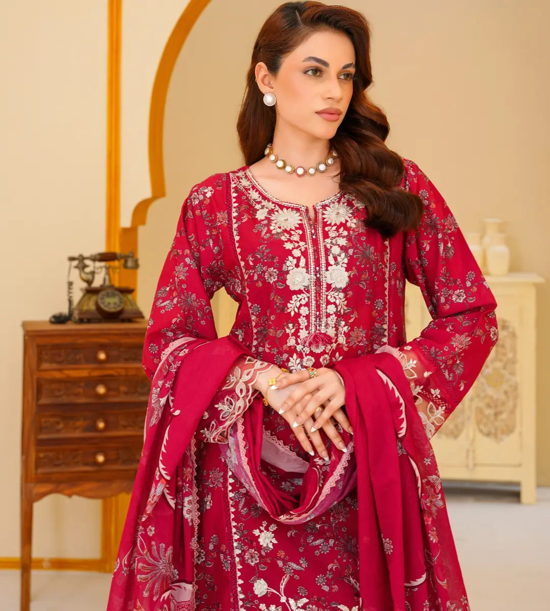 3 Piece Red Floral Embroidered Lawn Suit by Winara