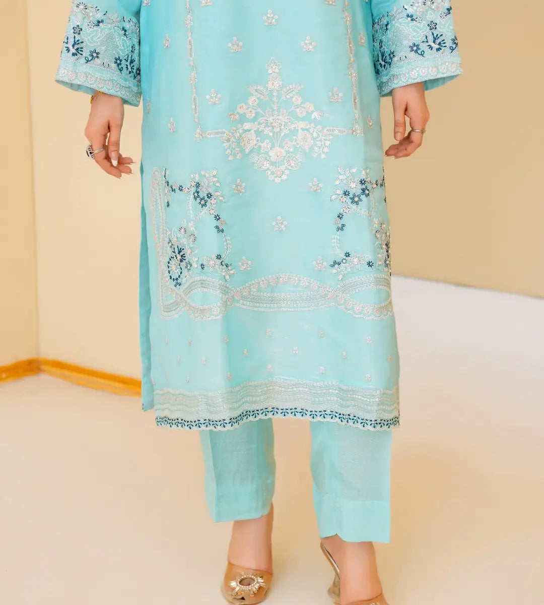 3 Piece Soft Turquoise Embroidered Suit by Winara