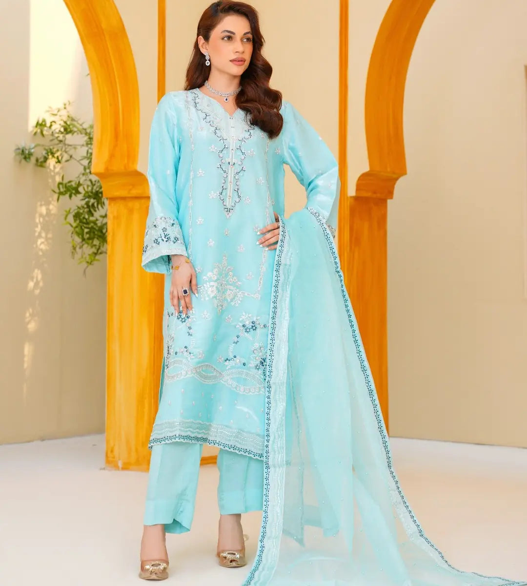 3 Piece Soft Turquoise Embroidered Suit by Winara