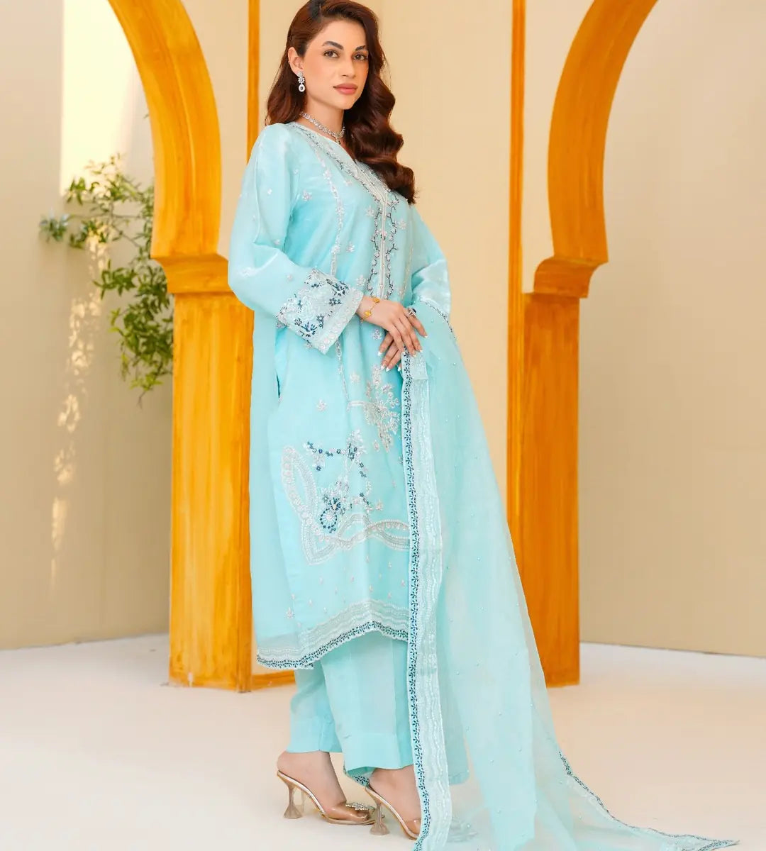 3 Piece Soft Turquoise Embroidered Suit by Winara