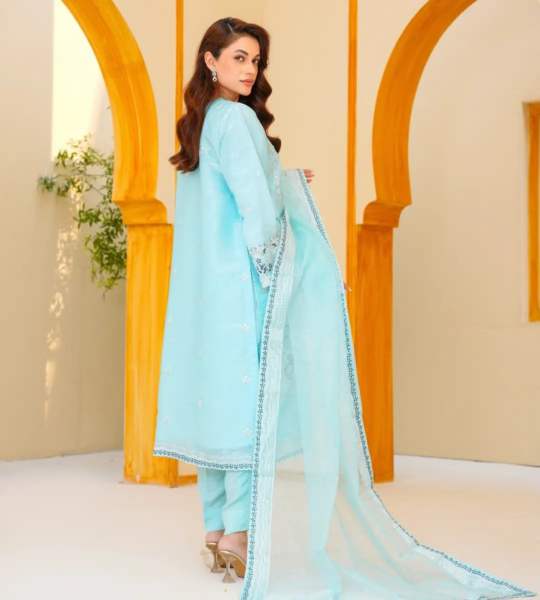 3 Piece Soft Turquoise Embroidered Suit by Winara