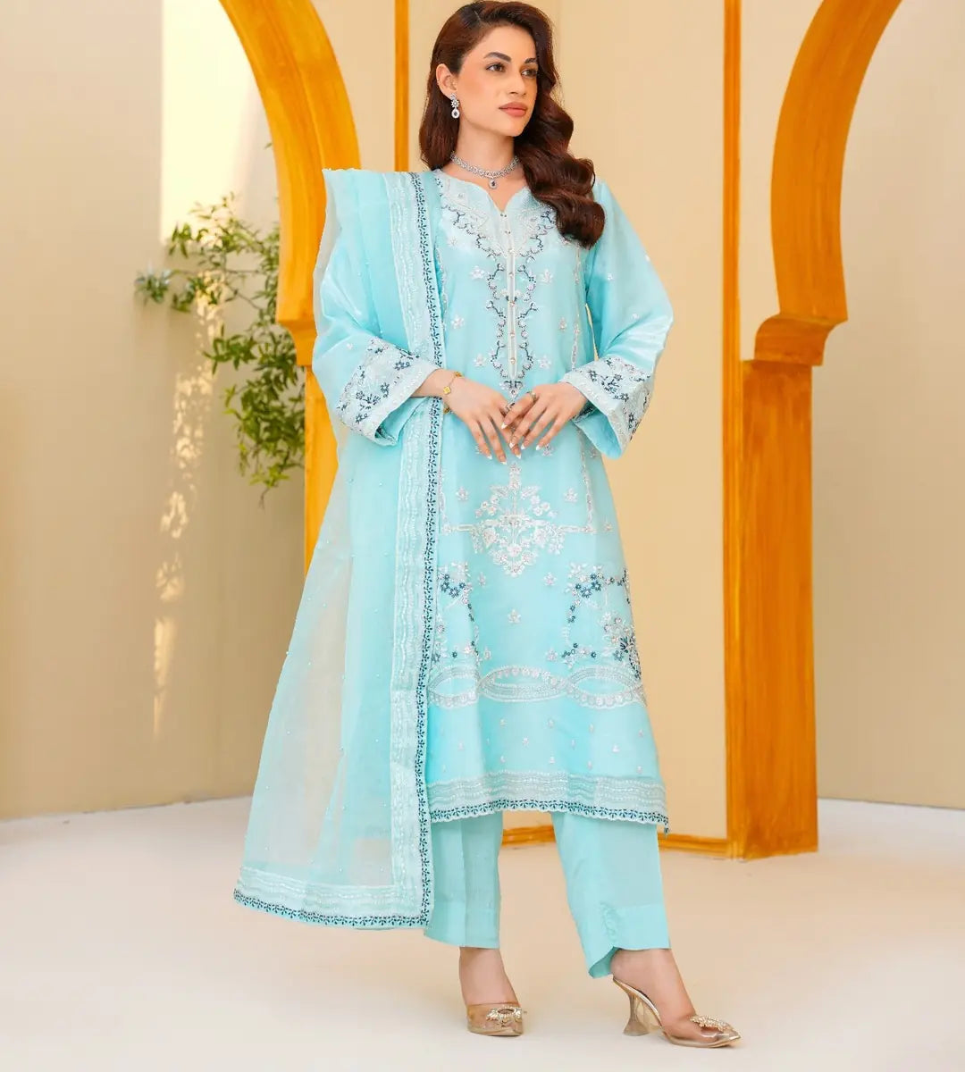 3 Piece Soft Turquoise Embroidered Suit by Winara