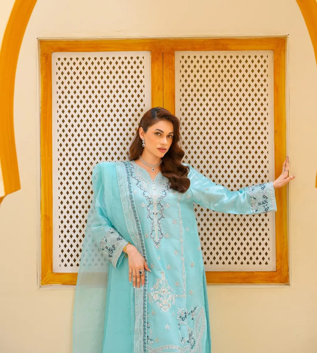 3 Piece Soft Turquoise Embroidered Suit by Winara