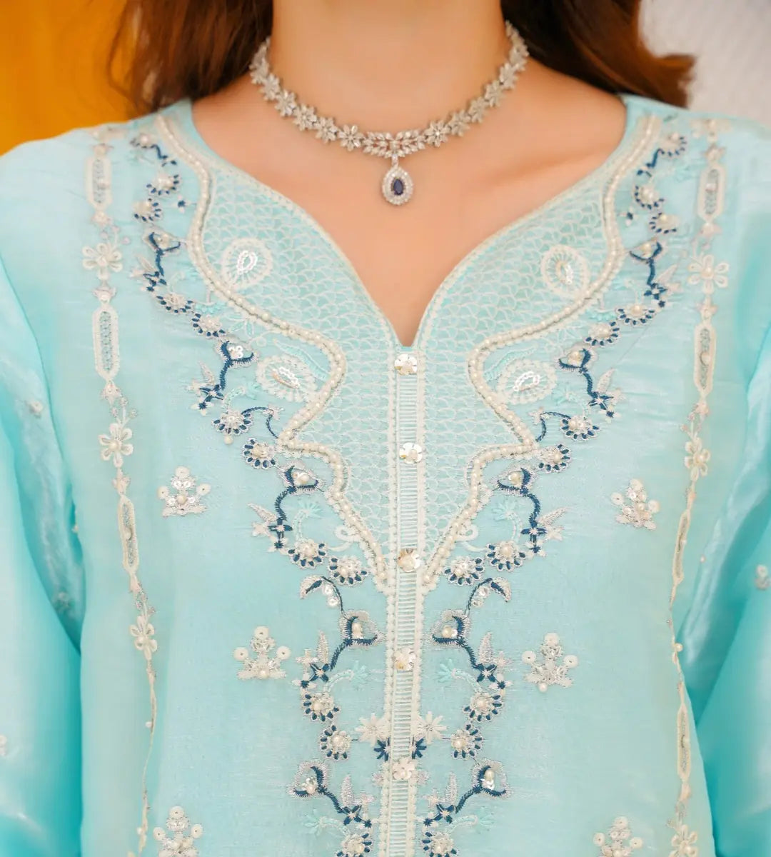3 Piece Soft Turquoise Embroidered Suit by Winara