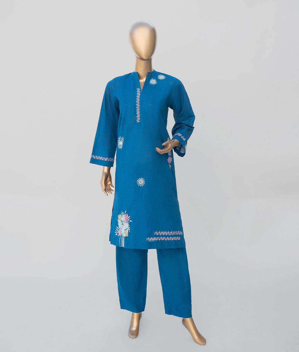 2 Piece Dark Blue Embroidered Textured Cotton Suit by Winara