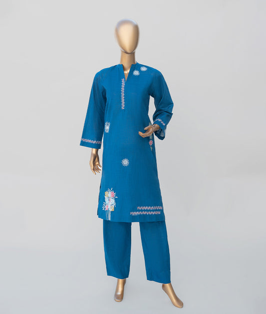 2 Piece Dark Blue Embroidered Textured Cotton Suit by Winara