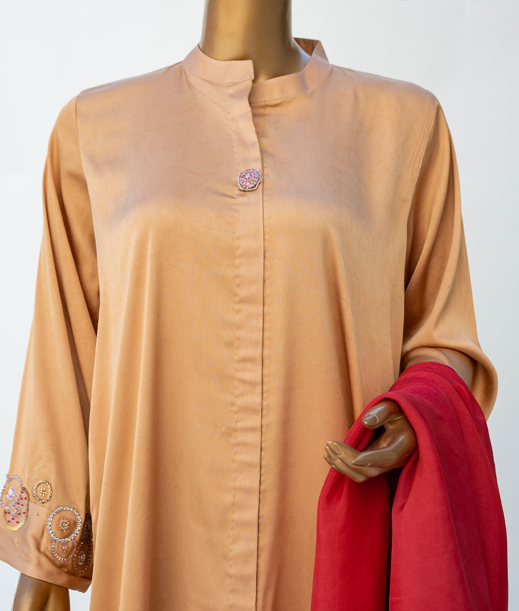 3 Piece Golden Brown Embroidered Silk Suit by Winara