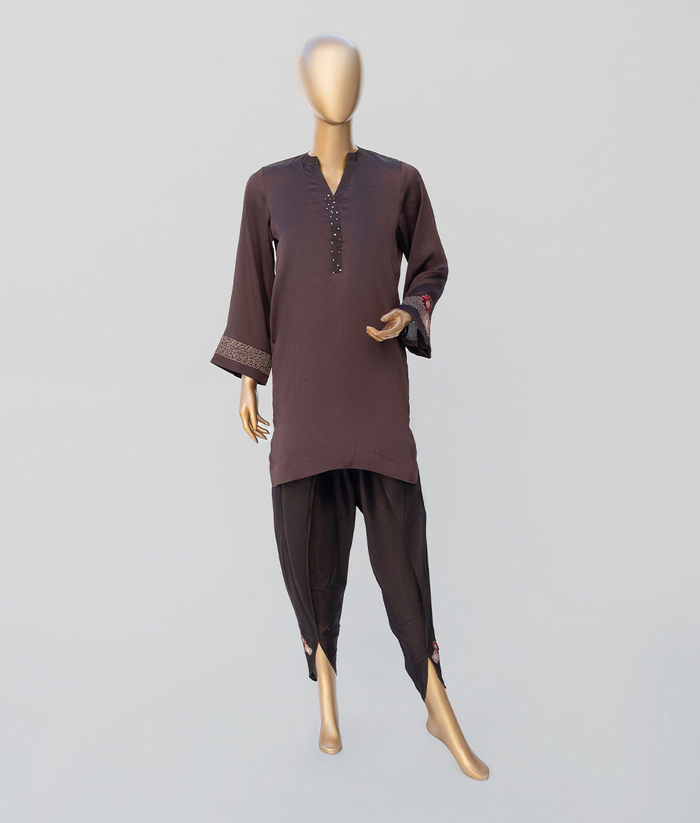 2 Piece Chocolate Brown Embroidered Crinkle Georgette Suit by Winara