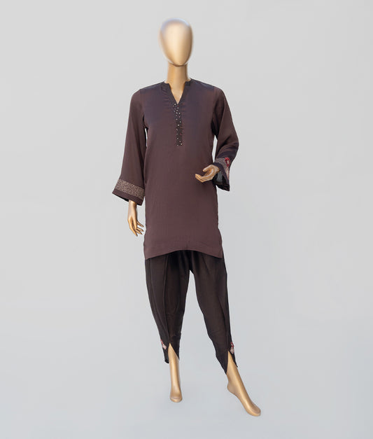 2 Piece Chocolate Brown Embroidered Crinkle Georgette Suit by Winara