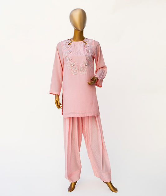 2 Piece Baby Pink Lace & Tassel Self Silk Suit by Winara