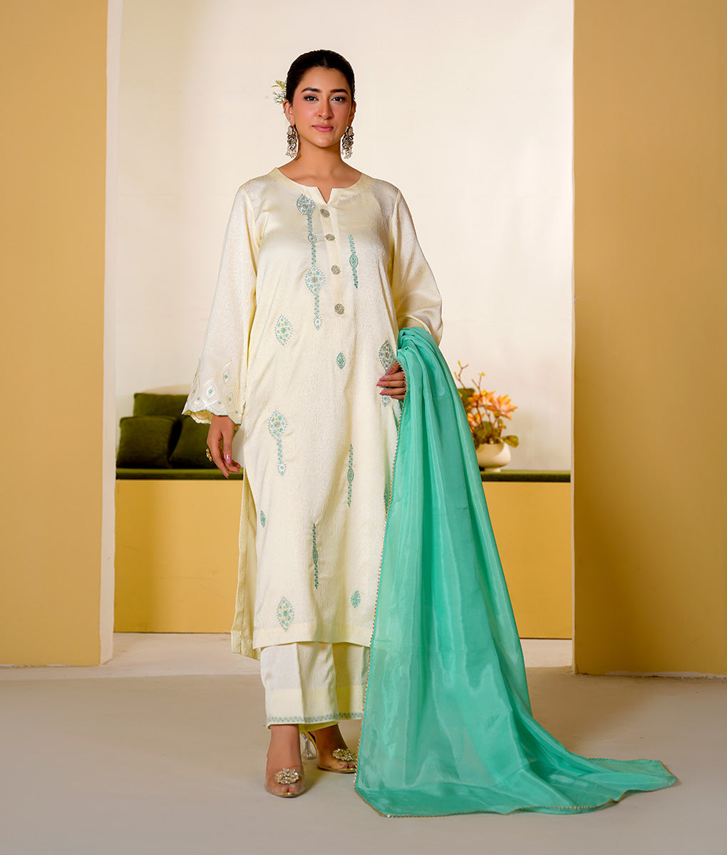 3 Piece Off-White Embroidered Suit By Winara