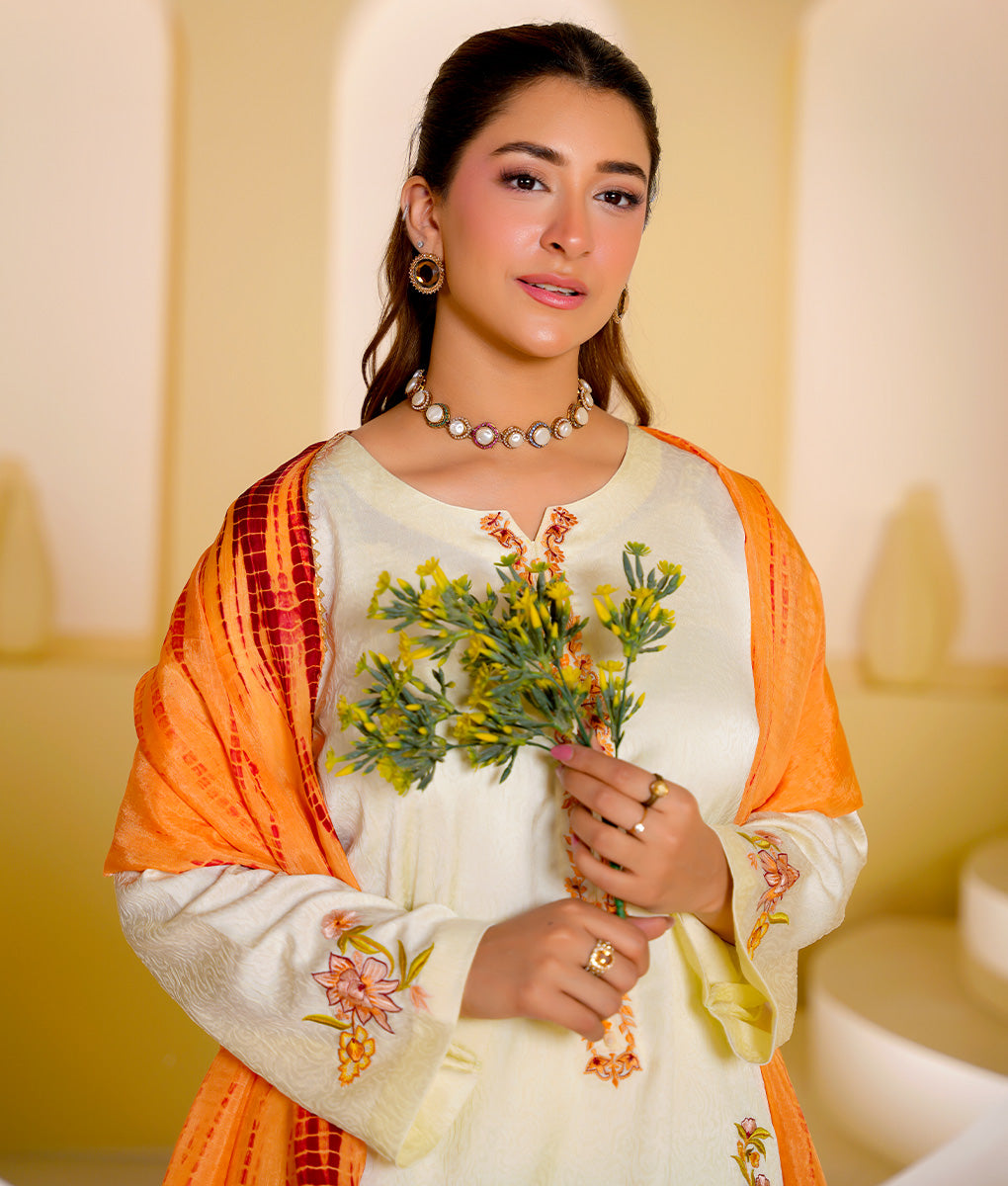 3 Piece Off-White Embroidered Suit By Winara