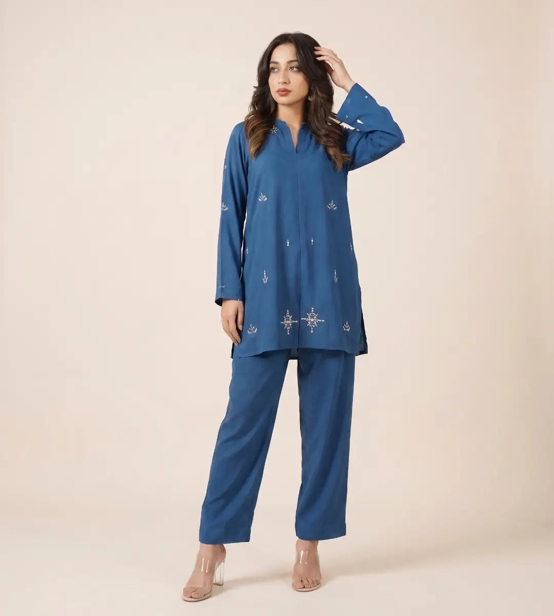 Hand Embellished Textured Iron Free Fabric Co-Ord Set By Winara