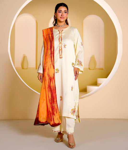 3 Piece Off-White Embroidered Suit By Winara