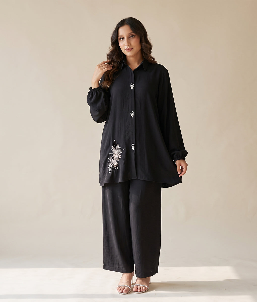 Hand Embroidery Black Textured Georgette Co-ord Set by Winara