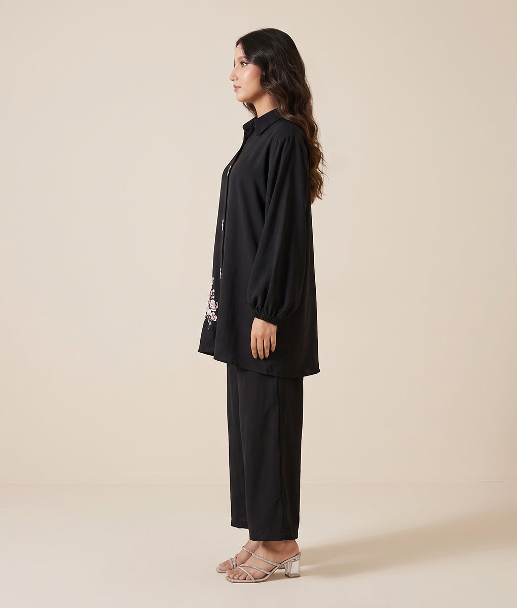 Hand Embroidery Black Textured Georgette Co-ord Set by Winara