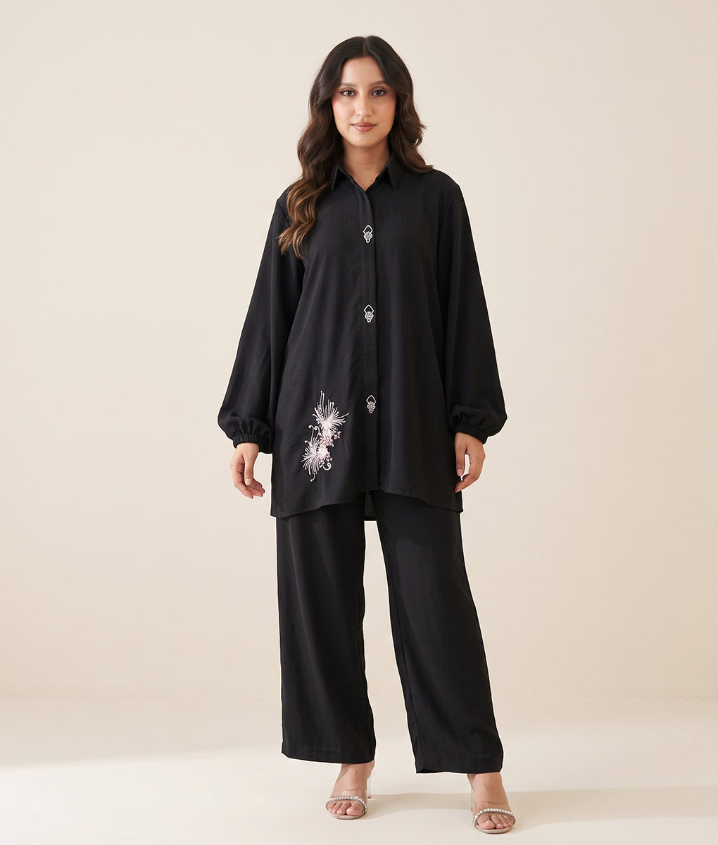 Hand Embroidery Black Textured Georgette Co-ord Set by Winara