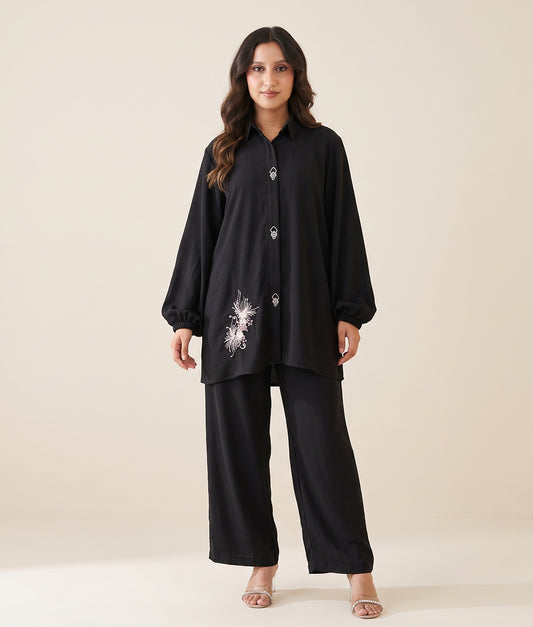 Hand Embroidery Black Textured Georgette Co-ord Set by Winara