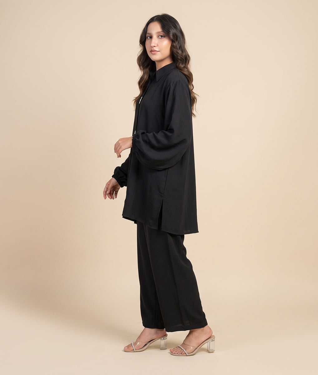 Hand Embroidery Black Textured Georgette Co-ord Set by Winara
