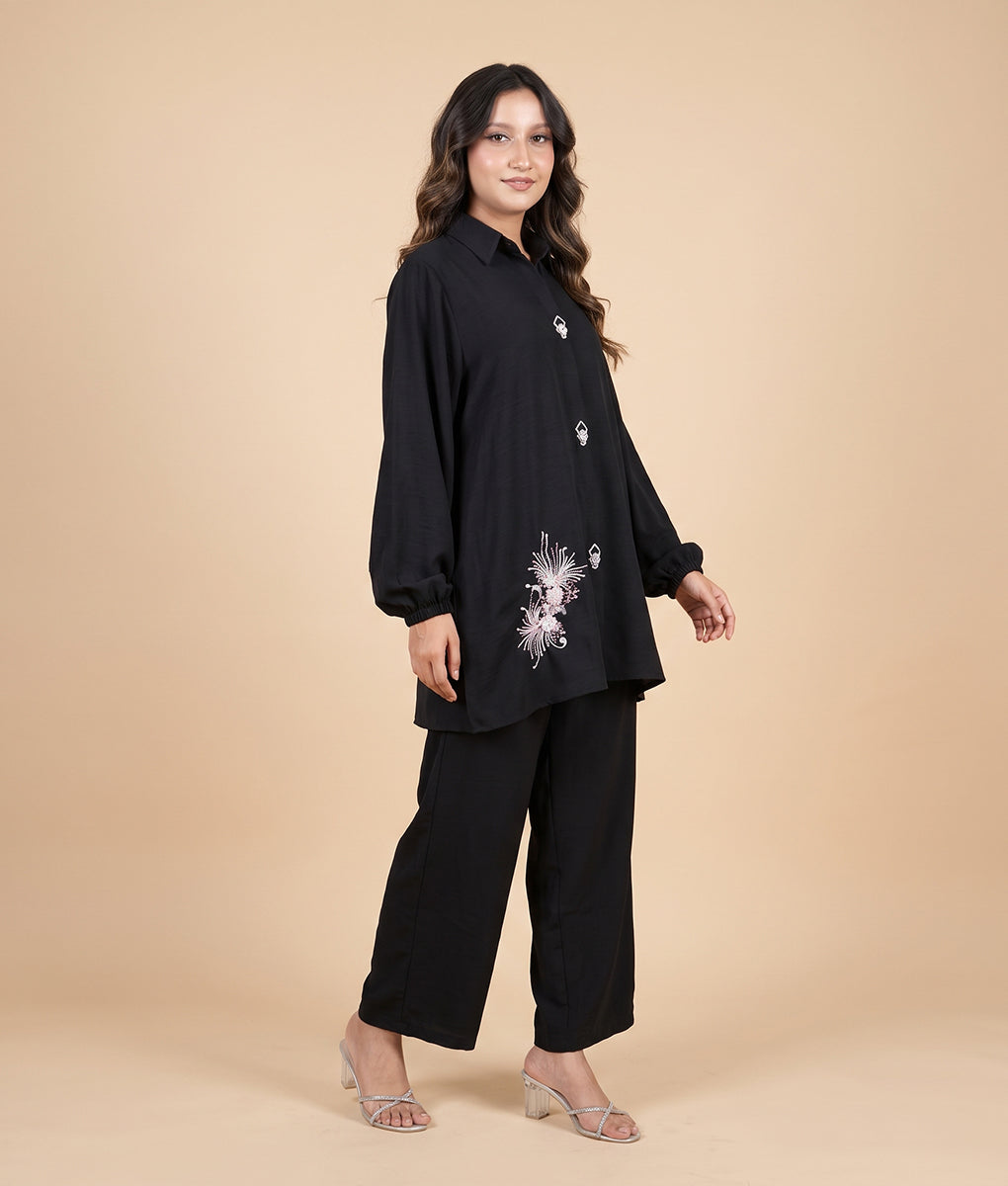 Hand Embroidery Black Textured Georgette Co-ord Set by Winara