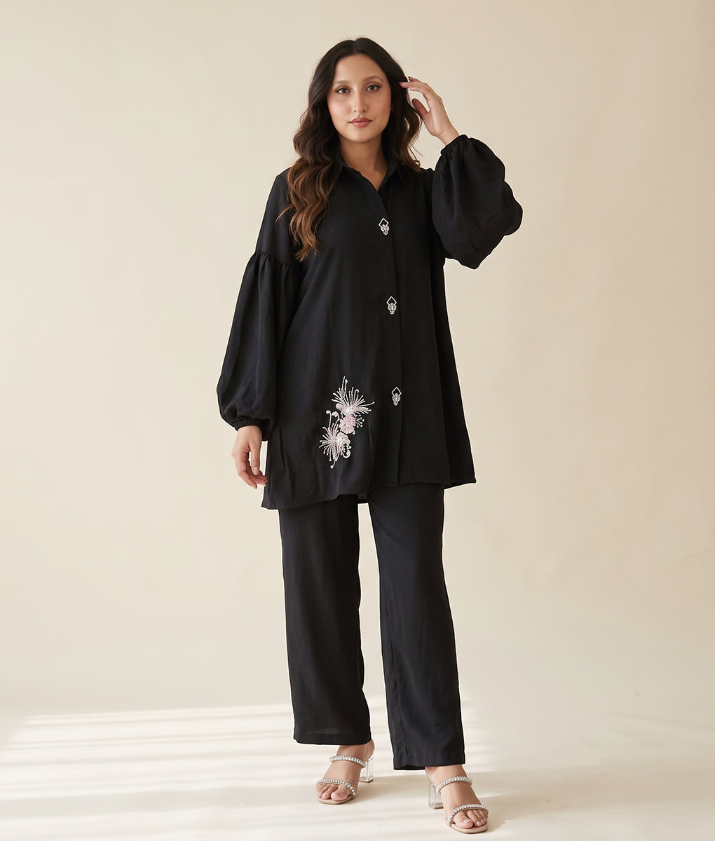 Hand Embroidery Black Textured Georgette Co-ord Set by Winara