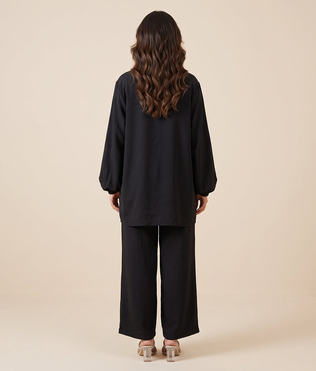 Hand Embroidery Black Textured Georgette Co-ord Set by Winara