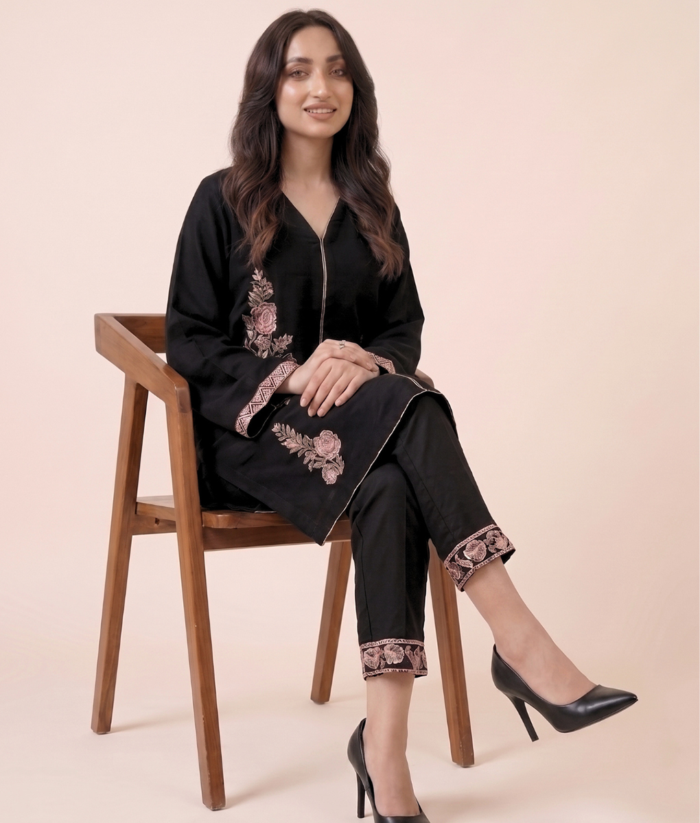 2 Piece Black Embroidered Co-Ord Set By Winara