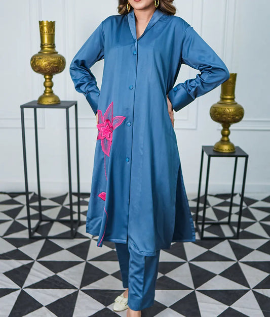Pink Embroidered Blue Button-Down Suit By Winara