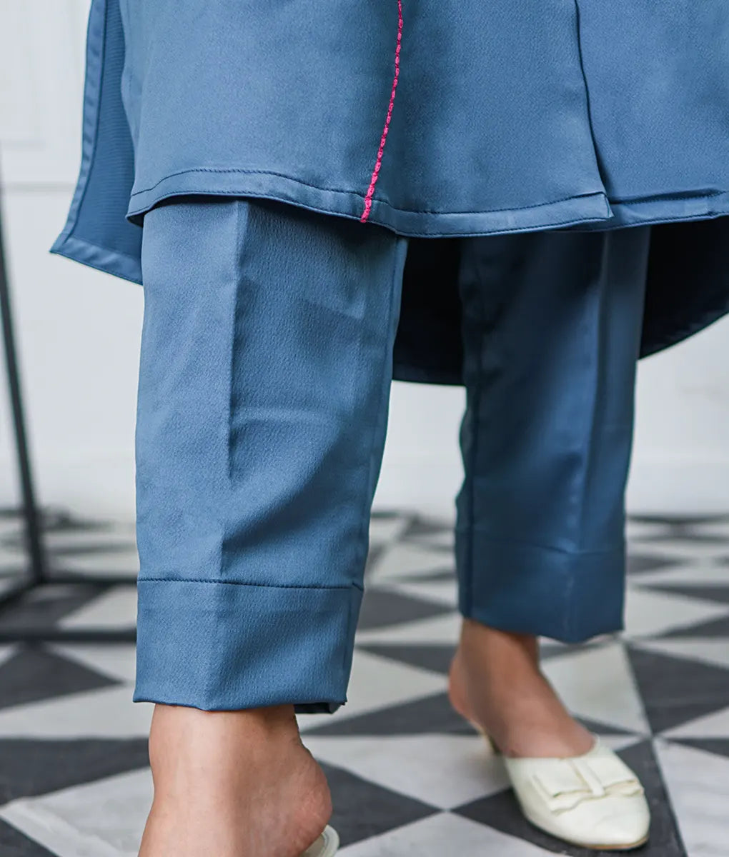Pink Embroidered Blue Button-Down Suit By Winara