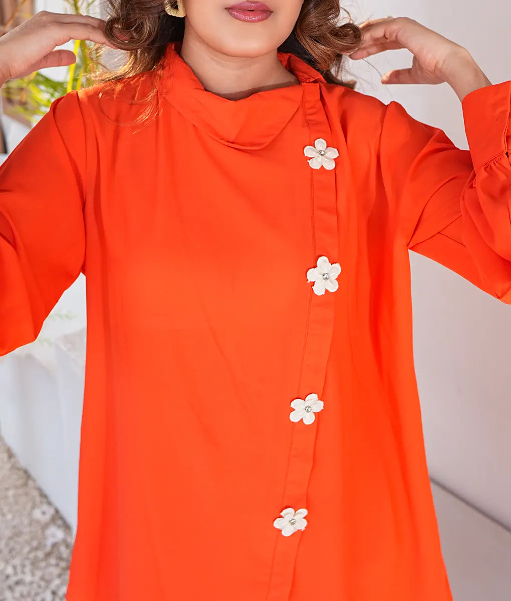 Bright Orange Suit with Floral Buttons By Winara