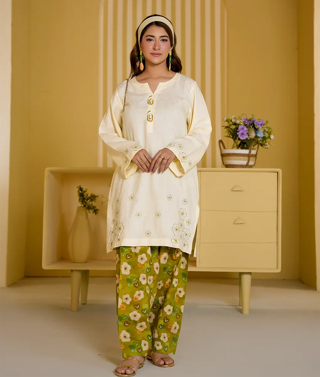 2 Piece Off-White and Green Floral Embroidery Suit By Winara