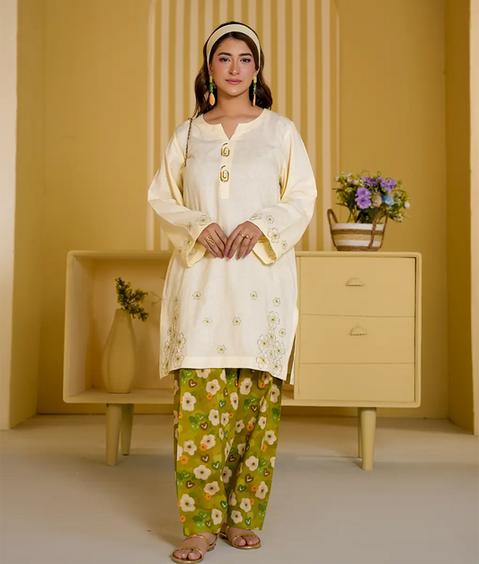 2 Piece Off-White and Green Floral Embroidery Suit By Winara