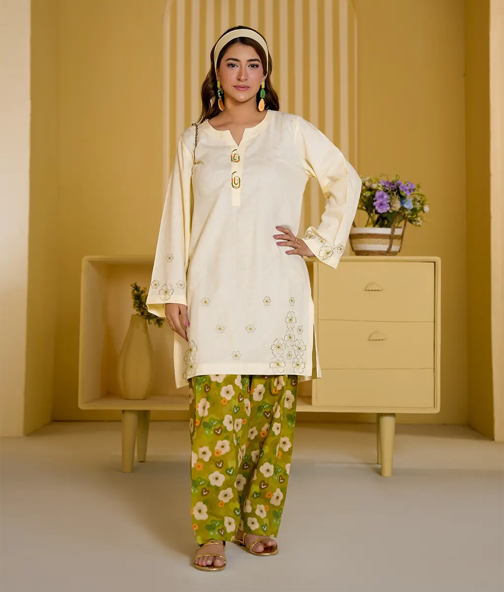 2 Piece Off-White and Green Floral Embroidery Suit By Winara