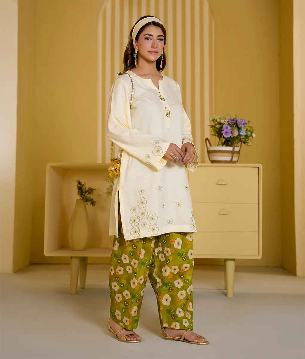 2 Piece Off-White and Green Floral Embroidery Suit By Winara