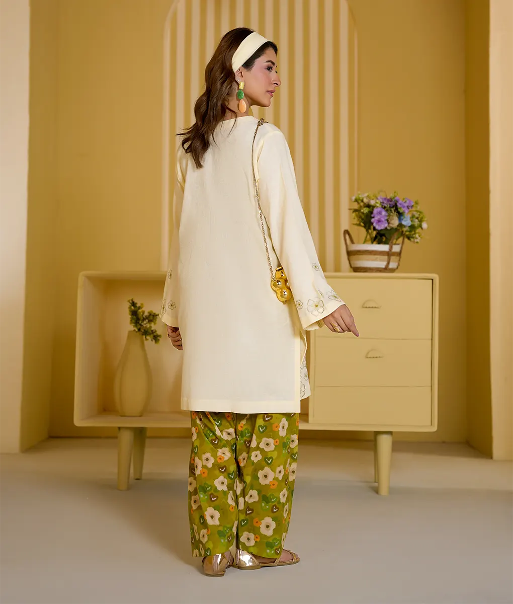 2 Piece Off-White and Green Floral Embroidery Suit By Winara