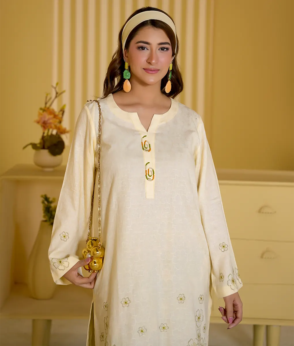 2 Piece Off-White and Green Floral Embroidery Suit By Winara
