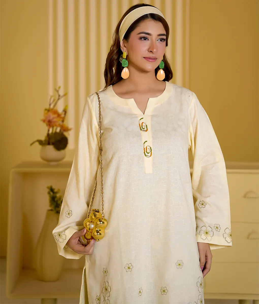 2 Piece Off-White and Green Floral Embroidery Suit By Winara