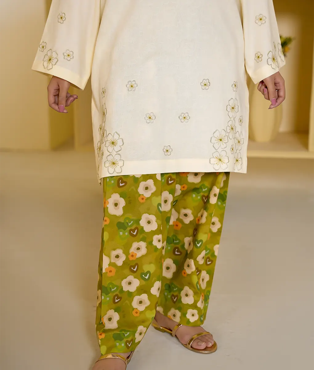 2 Piece Off-White and Green Floral Embroidery Suit By Winara