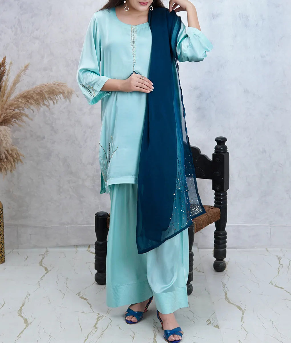 3 Piece Light Green Embroidered Silk Suit by Winara