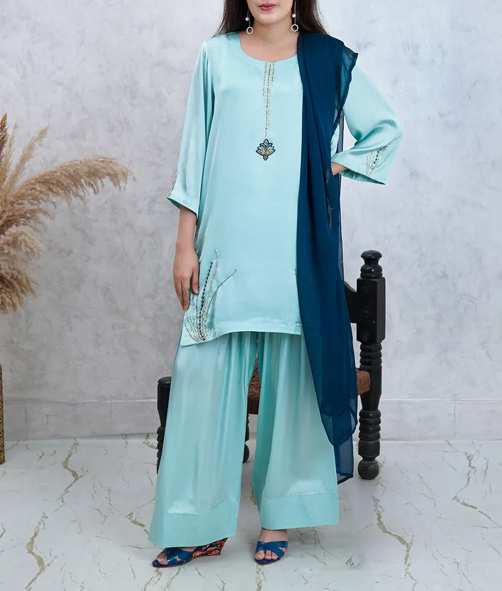 3 Piece Light Green Embroidered Silk Suit by Winara