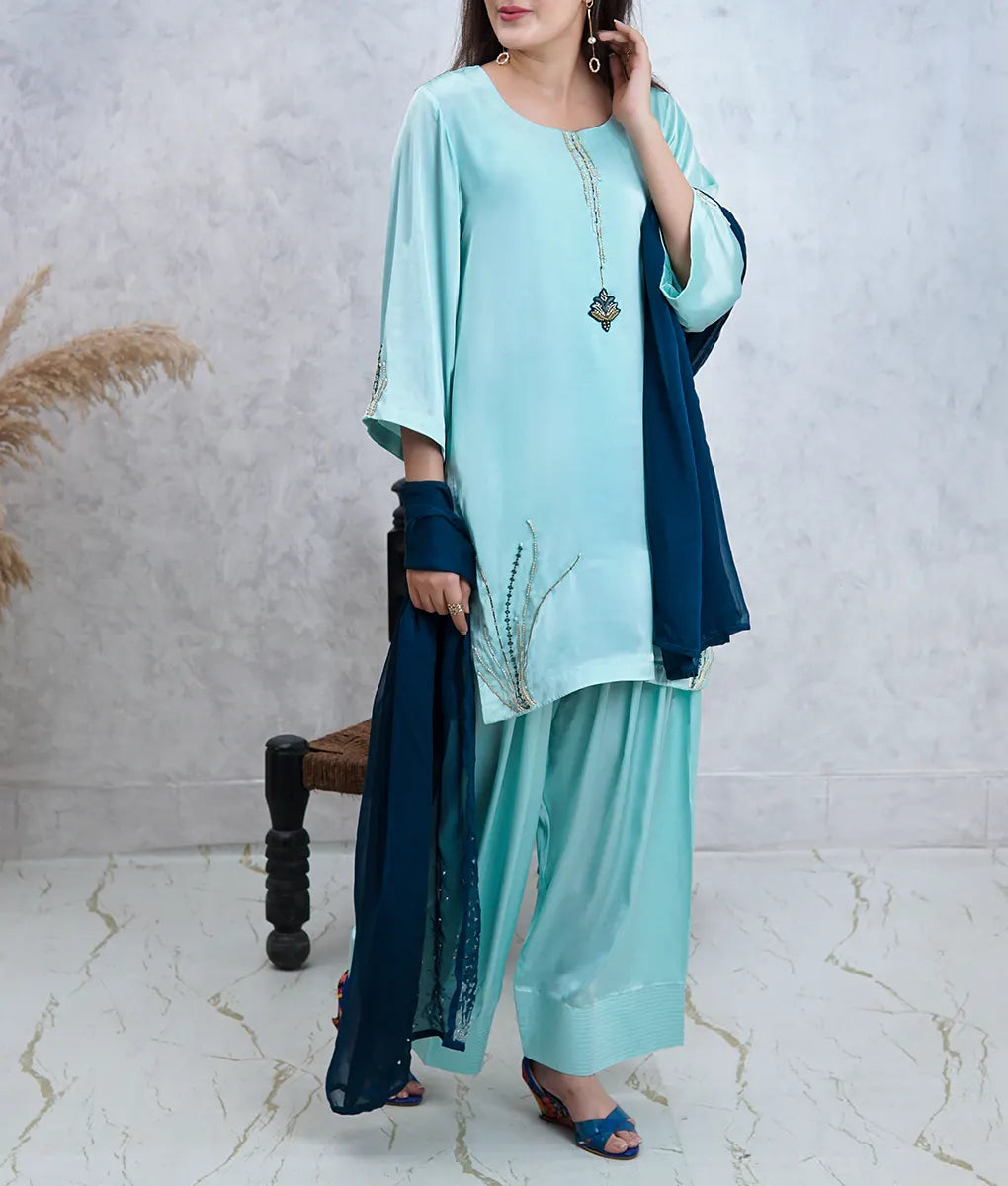 3 Piece Light Green Embroidered Silk Suit by Winara