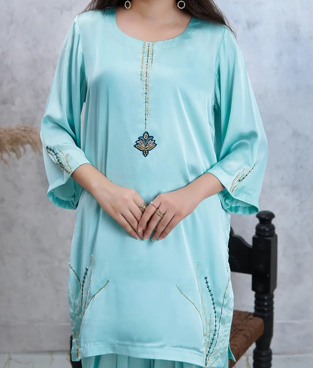 3 Piece Light Green Embroidered Silk Suit by Winara